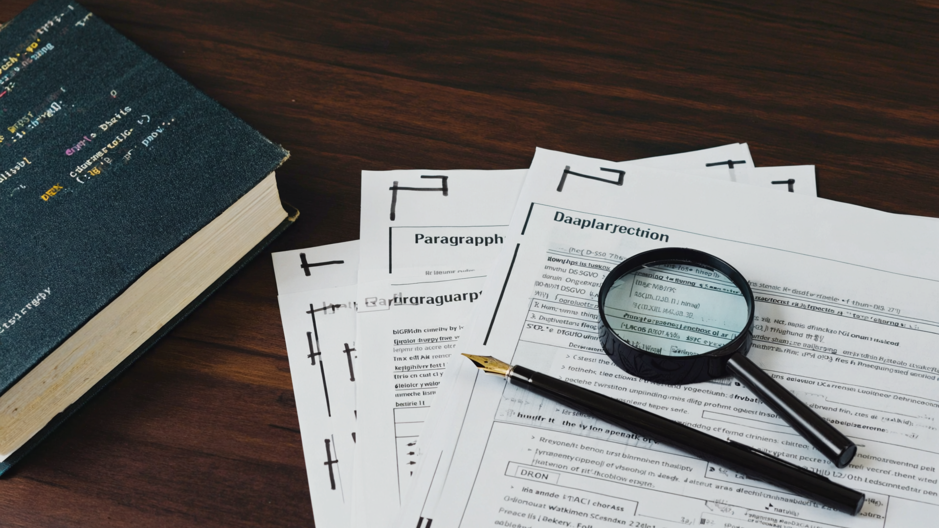 Schreibtisch mit § Paragrafen, Verschlüsselungs-Lehrbuch und Terminal — das Handwerk digitaler Bürgerrechte.